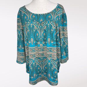 Vinmatto Teal Paisley Print Tunic Top 3/4 Sleeve Large